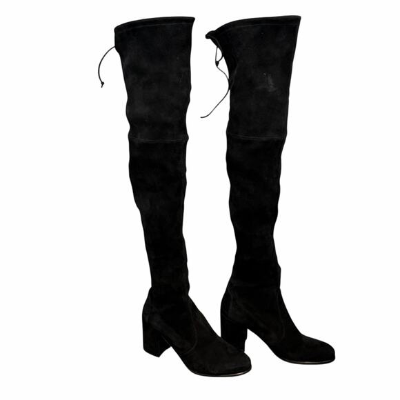 Stuart Weitzman Hiline Black Suede OTK Boots 3.5” Block Heel Size 10M Rare Chic - Picture 6 of 16